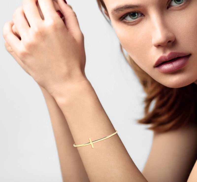 Miabella 925 Sterling Silver or 18K Gold Plated Italian Adjustable Sideways Cross Cuff Bangle Bracelet for Women 7.25-7.5 Inch, Made in Italy (yellow-gold-plated-silver) - Image 2